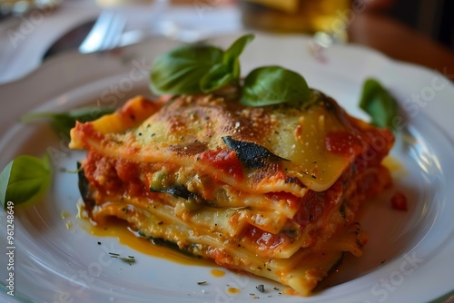 Plate with tasty lasagna on table