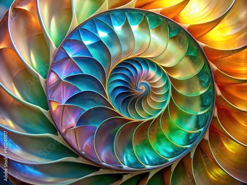 Vibrant, swirling patterns of a nautilus shell's spiral architecture glow in iridescent hues, echoing the natural harmony of mathematical beauty in a delicate, mesmerizing form.