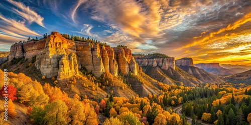 Golden hour casts a warm glow on rugged cliff faces, set ablaze with autumn hues, as wispy clouds drift lazily across the horizon.