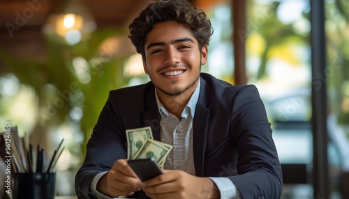 Hispanic young man with a confident smile, sitting at a formal office table, cash money in hand, checking his mobile phone, business success, polished and professional setting