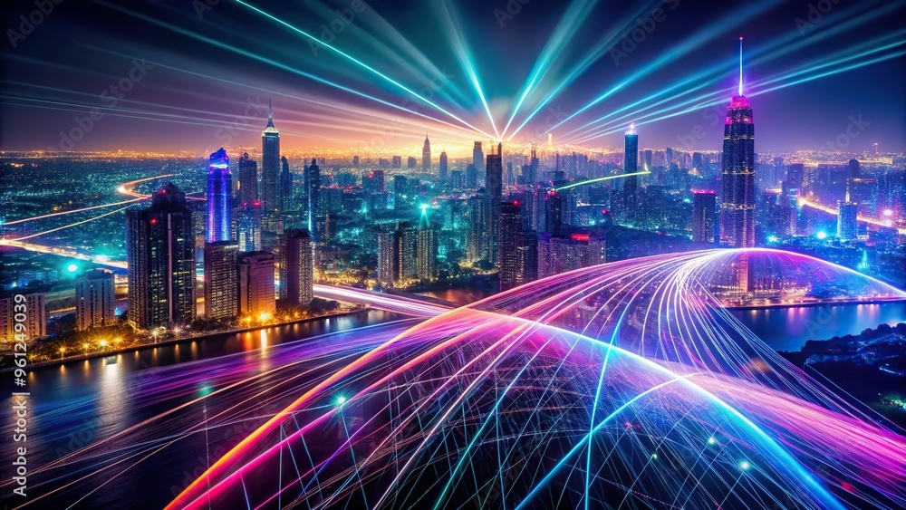 A mesmerizing display of neon-lit fibers crisscrossing a dark cityscape, with vibrant hues and soft focus for a dreamy effect. A mesmerizing display of neon-lit fibers crisscrossing a dark cityscape, with vibrant hues and soft focus for a dreamy effect.