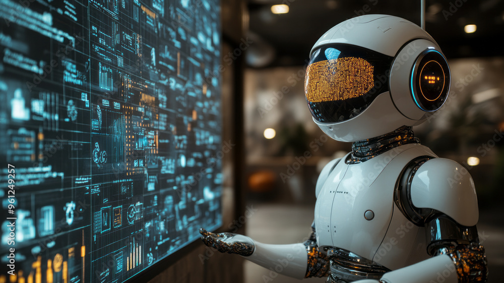 AI robot actively participating in a brainstorming session in an advertising agency meeting room AI robot actively participating in a brainstorming session in an advertising agency meeting room