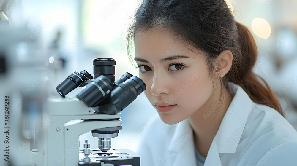 A focused woman in a lab coat examines samples under a microscope. A focused woman in a lab coat examines samples under a microscope.