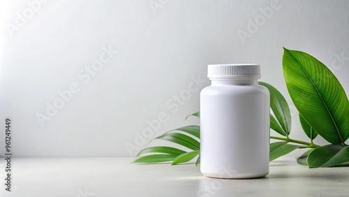 Aerial mockup of a blank supplement bottle with leaf