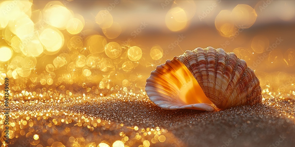 Golden Hour Seashell on Sparkling Sandy Beach Golden Hour Seashell on Sparkling Sandy Beach