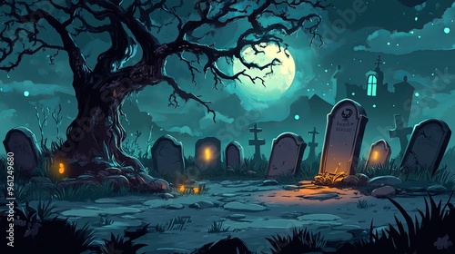 A spooky cartoon graveyard scene with scary tombstones, a shadowy tree, and mysterious lights. It's a perfect backdrop for a Halloween game or comic.