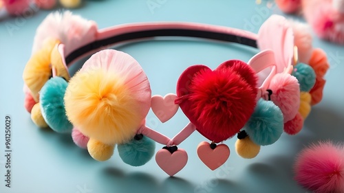 Adorable and lively heart headband featuring multicolored pom poms for an upbeat and joyful vibe photo