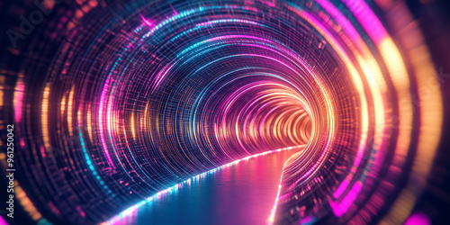 Colorful neon light lines in the shape of a wavy tunnel background