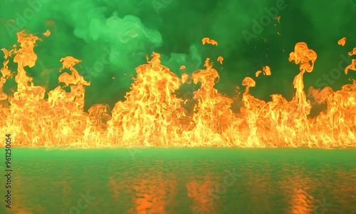 Realistic Fiery Explosion Fire Burst Spread on Green Chroma Key Background photo