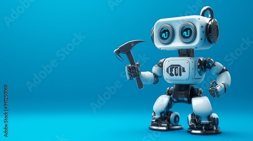 404 error page not found. Serviceman robot with hammer and pliers on blue background. Text message Something went wrong but we are working on it.