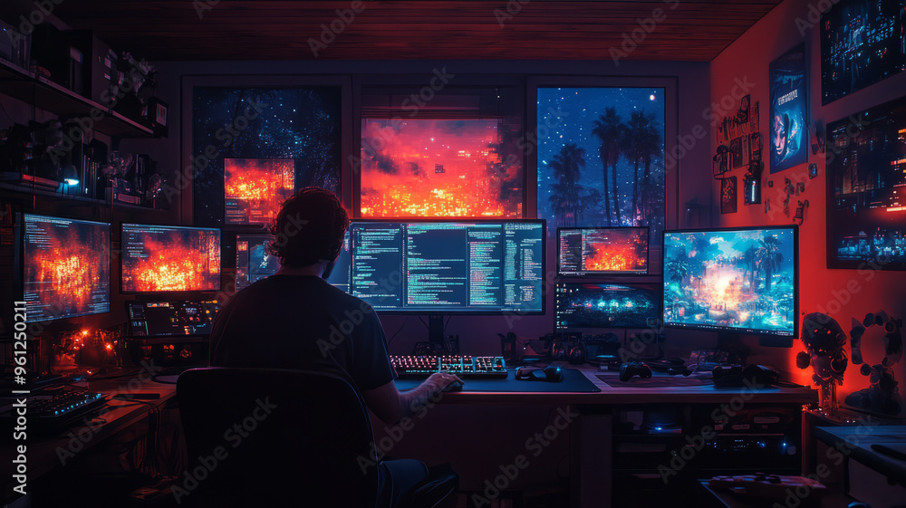 A programmer coding a video game in a dimly lit room, multiple screens displaying game development software and colorful pixel art, A programmer coding a video game in a dimly lit room, multiple screens displaying game development software and colorful pixel art,