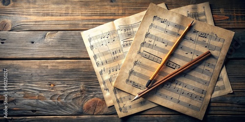 Vintage-inspired sheet music with hand-written notes, rests, and dynamics lies sprawled across a weathered wooden desk, surrounded by scattered pencils and forgotten melodies. photo