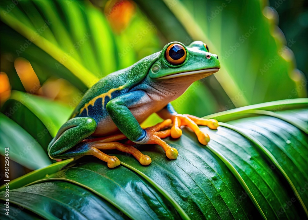 Vivid Image Of A Vibrant Green Rainforest Frog Perched On A Leaf In A Lush Tropical Setting. Vivid Image Of A Vibrant Green Rainforest Frog Perched On A Leaf In A Lush Tropical Setting.
