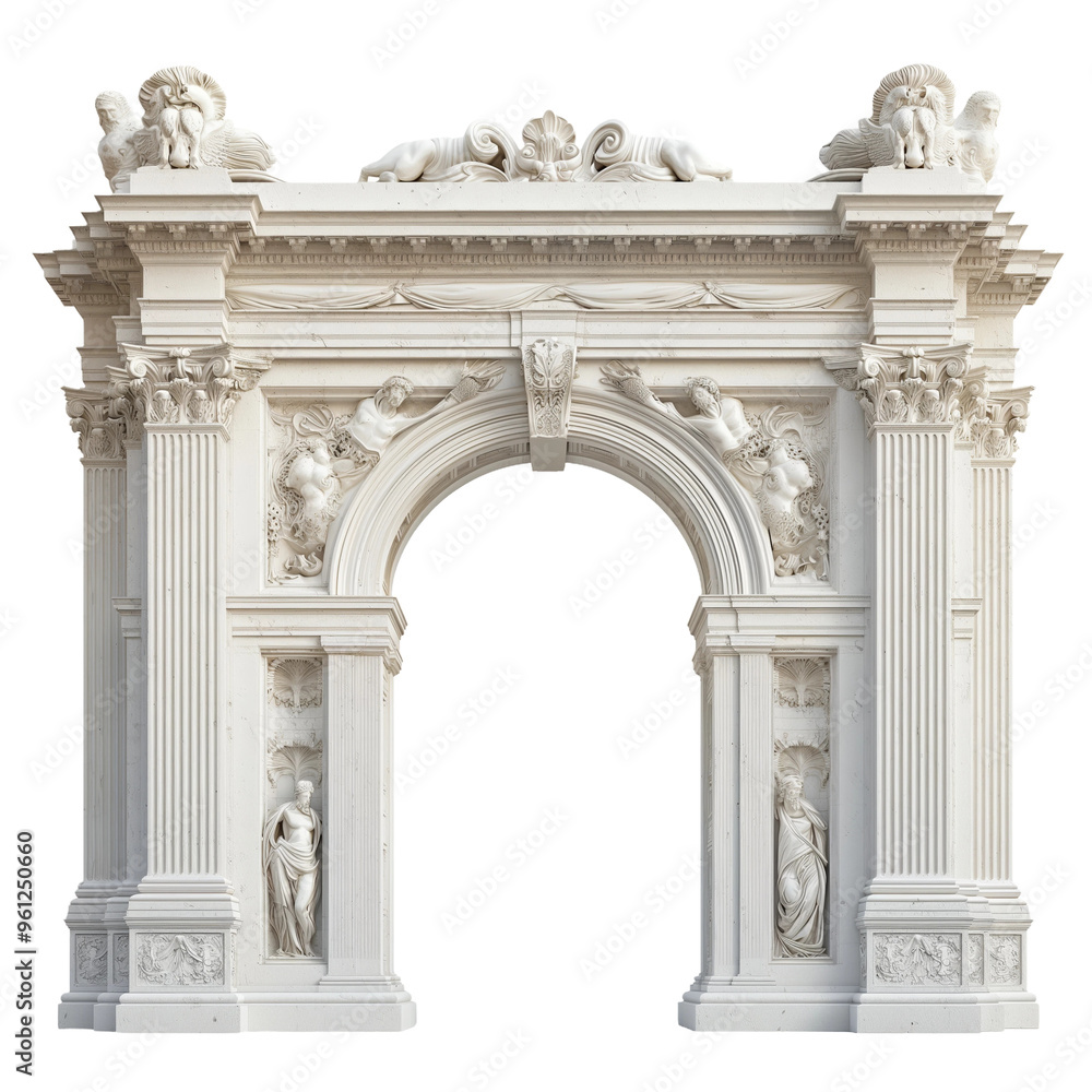 Decorative white architectural arch with intricate sculptures and details Decorative white architectural arch with intricate sculptures and details