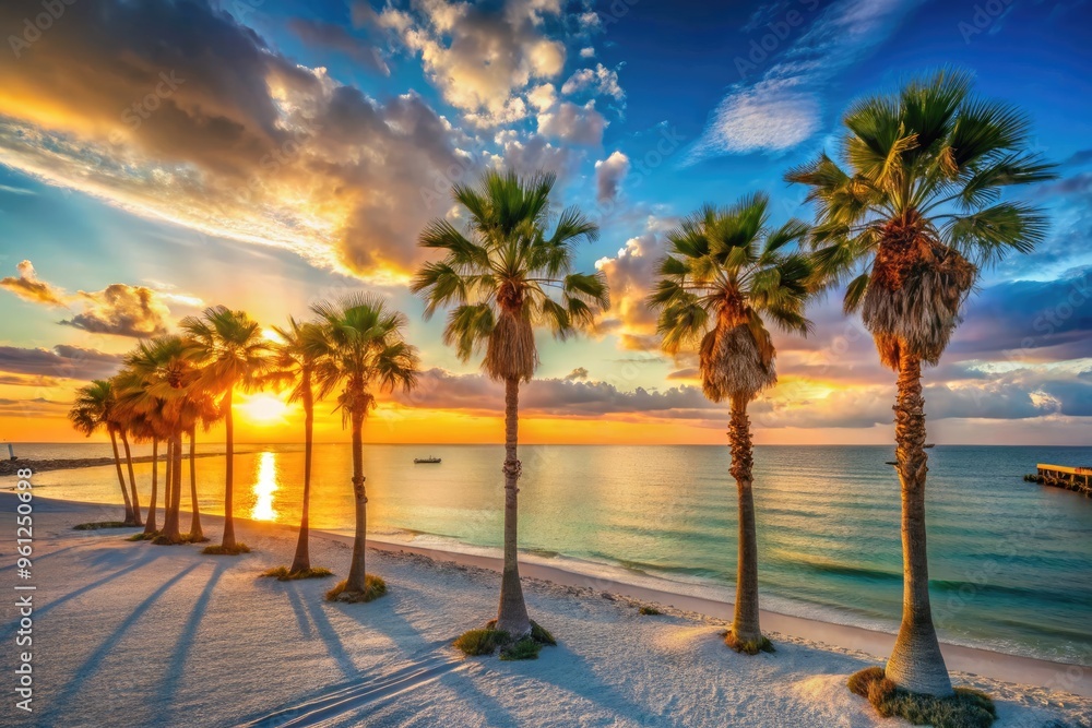 Fototapeta premium Warm golden sunlight casts a serene glow on the tranquil shores of Madeira Beach, with palm trees swaying gently above the calm turquoise waters.