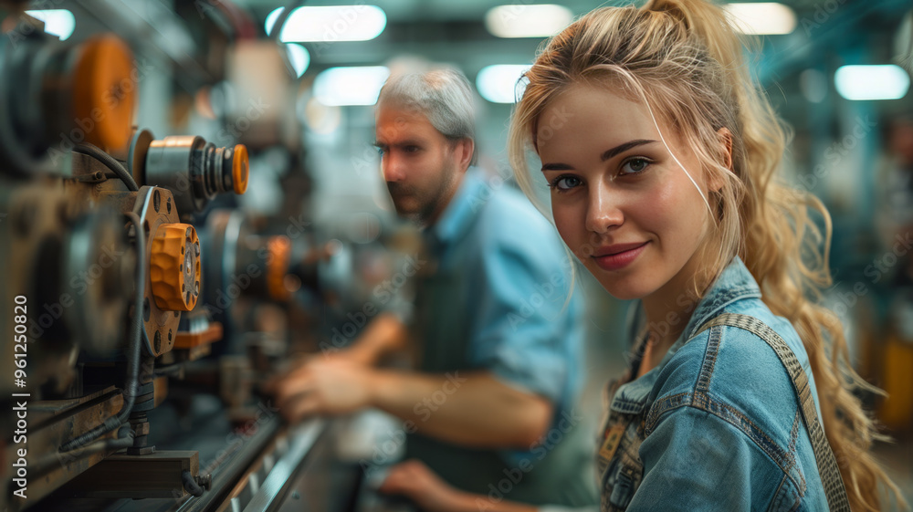 A high-class shot of a woman at a CNC machine, smiling at her older colleague as they work together, loading aluminium profiles in a workshop. A high-class shot of a woman at a CNC machine, smiling at her older colleague as they work together, loading aluminium profiles in a workshop.