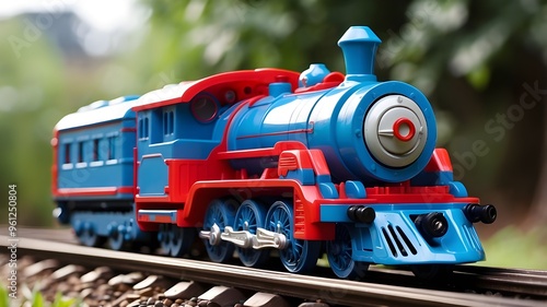 A close-up of a blue and red plastic toy train engine Note: To increase visibility on search engines, the title should be more precise and descriptive. photo