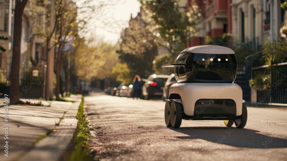 Autonomous delivery robot navigating urban streets to deliver a package, demonstrating smart logistics, AI and robotics, urban delivery