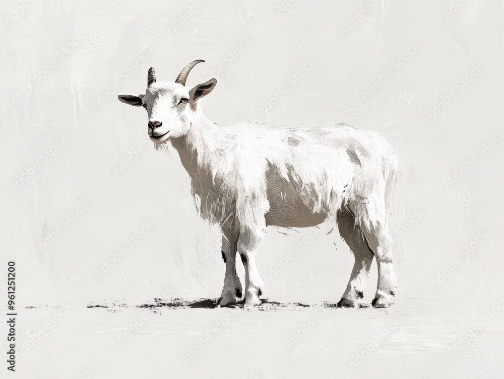 Fototapeta premium A curious white goat stands gracefully on a calm landscape under soft daylight in nature