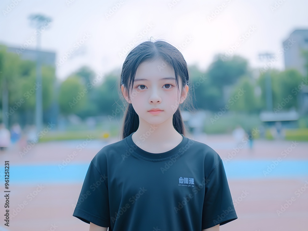 Young Girl Wearing Black T Shirt with Chinese Characters Portrait Young Girl Wearing Black T Shirt with Chinese Characters Portrait