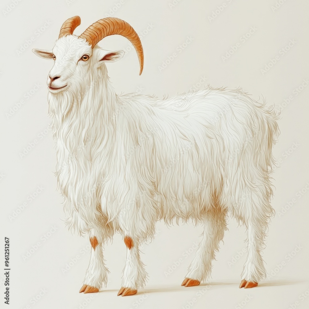 Obraz premium A majestic white goat with impressive horns stands gracefully on a neutral background