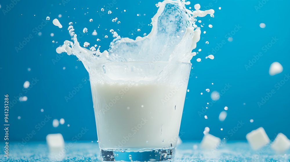 glass of milk with a splash captured in high-speed, every droplet and wave in perfect clarity against a bright blue background glass of milk with a splash captured in high-speed, every droplet and wave in perfect clarity against a bright blue background