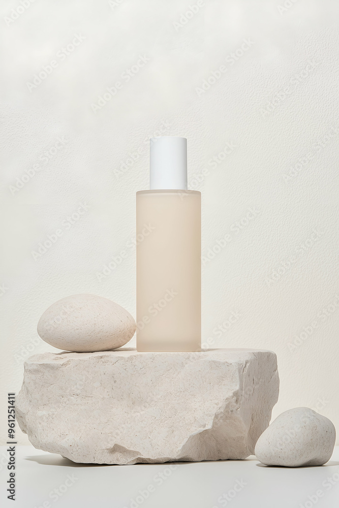 Minimalist Skincare Bottle Displayed on Natural Stone Elements Minimalist Skincare Bottle Displayed on Natural Stone Elements