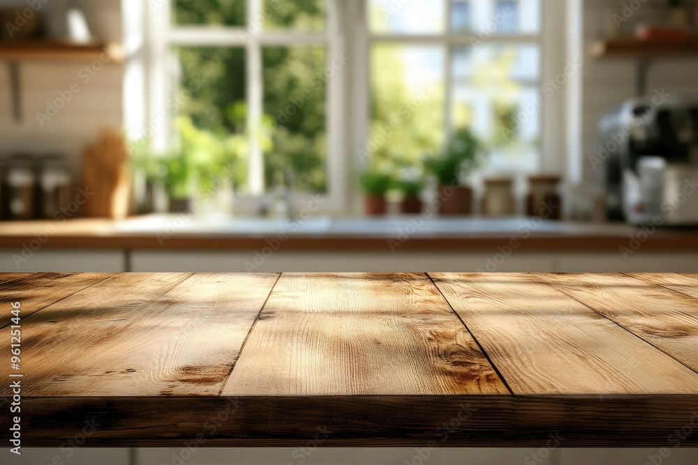 Wooden table top with copy space on blurred kitchen room interior and summer window background , ai Wooden table top with copy space on blurred kitchen room interior and summer window background , ai