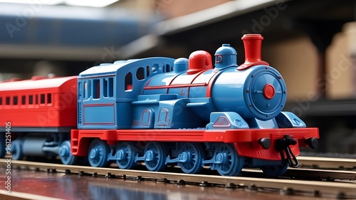 A close-up of a blue and red plastic toy train engine Note: To increase visibility on search engines, the title should be more precise and descriptive. photo