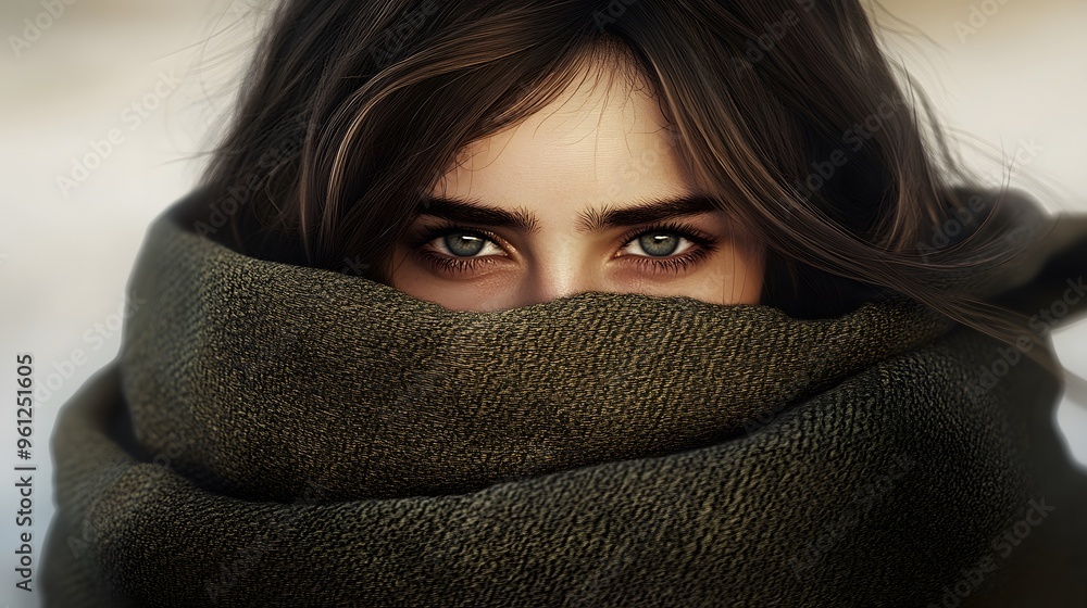 Fototapeta premium Mysterious Woman s Eyes Looking Through Scarf