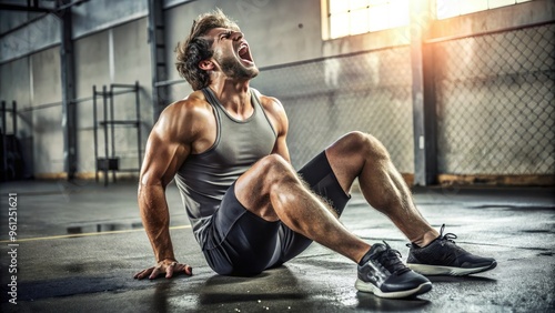 Young Athlete Sitting On The Ground, Panting And Sweating Heavily After An Intense Workout photo