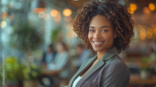 a pregnant African American business woman wearing a suit and high heels,smiling by office desk,collegues on the background at work