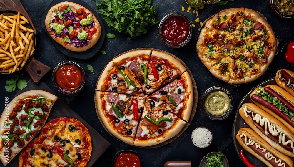 Delicious Pizzas & Hot Dogs with Dipping Sauces on Table Delicious Pizzas & Hot Dogs with Dipping Sauces on Table