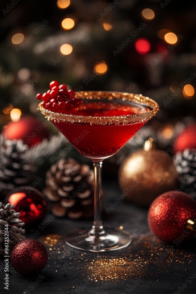 Christmas-themed cocktail with golden glitter lining the rim, traditional Christmas decorations and baubles create a cozy, celebratory atmosphere