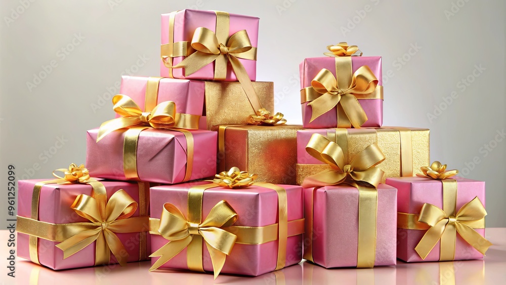 Stacked presents with gold ribbons and bows, wrapped in pink and gold Stacked presents with gold ribbons and bows, wrapped in pink and gold