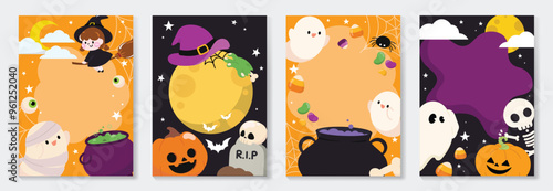 Happy Halloween poster vector set. cute collection spooky ghost, pumpkin, bat, candy, moon, skull, spider, cat, witch. Illustration halloween festival for decoration, prints, website, promotion, ads.