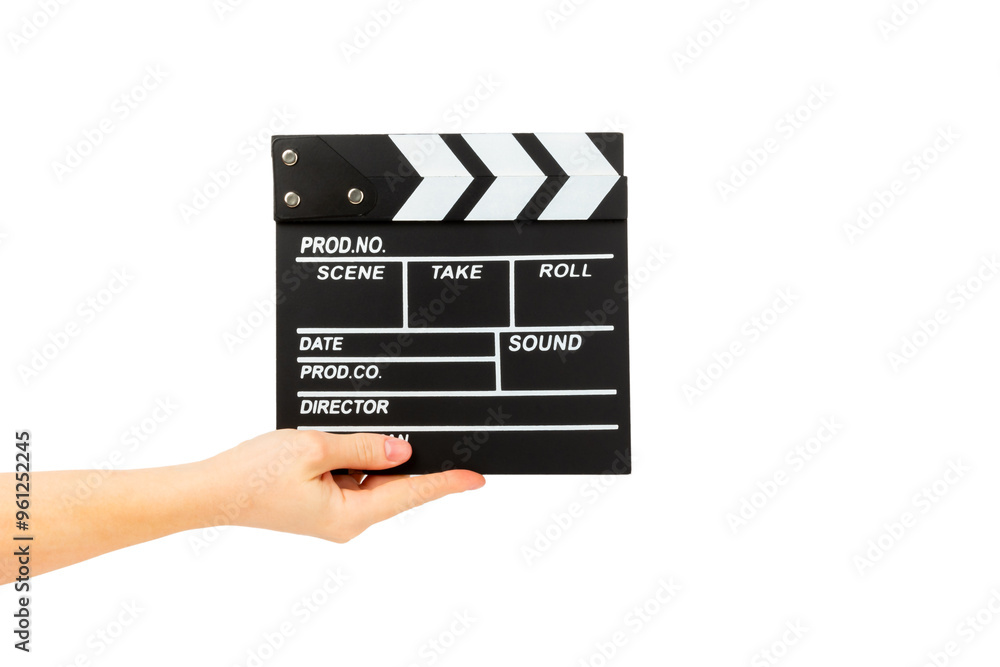 Naklejka premium Movie clapper. Movie clapperboard in hands isolated on white background. Concept recreation and entertainment. Cinema concept.