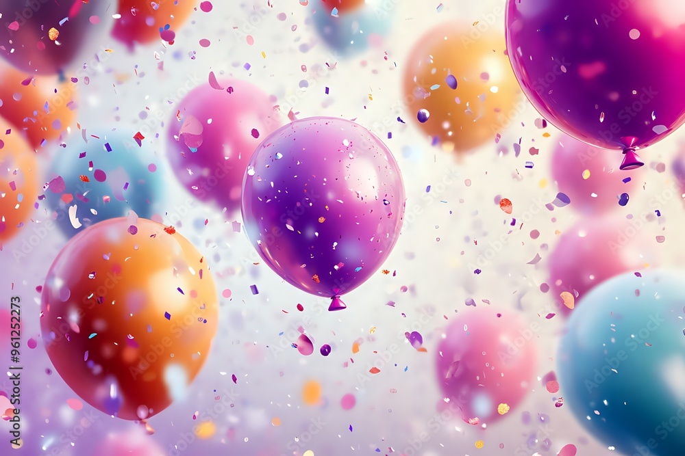 Colorful Balloons Float with Falling Confetti Celebration Colorful Balloons Float with Falling Confetti Celebration