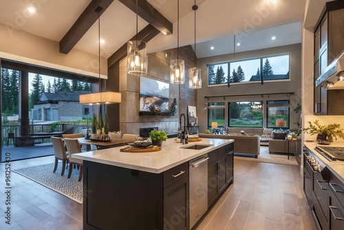 Modern kitchen and dining area with large windows and a cozy living space.