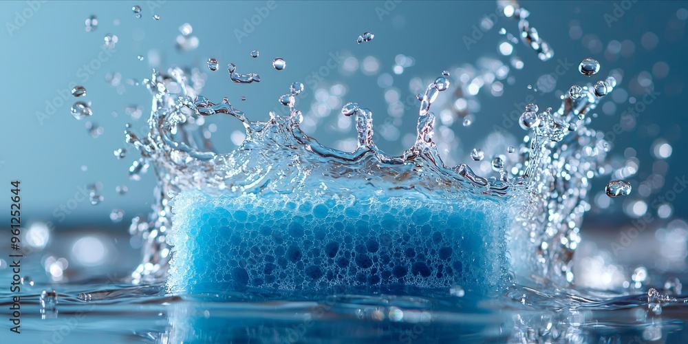 Blue Sponge Splashing in Water with Clear Droplets and Reflective Surface Blue Sponge Splashing in Water with Clear Droplets and Reflective Surface
