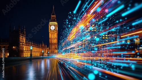 A long exposure shot of Big Ben at night with light trails from passing buses