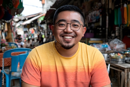 Smiling Asian Man Wearing Glasses in Outdoor Market