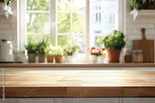 Wooden table top with copy space on blurred kitchen room interior and summer window background , ai