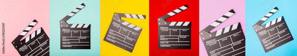 Obraz premium Movie clapper. Movie clapperboard on a bright colored background. Concept of rest and entertainment. Concept of cinema. Film director. Producer. Business and profession. Place for text. Copy space