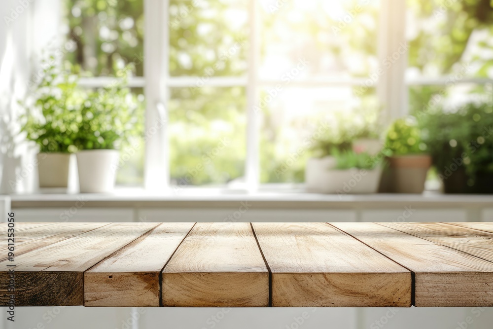 Wooden table top with copy space on blurred kitchen room interior and summer window background , ai Wooden table top with copy space on blurred kitchen room interior and summer window background , ai