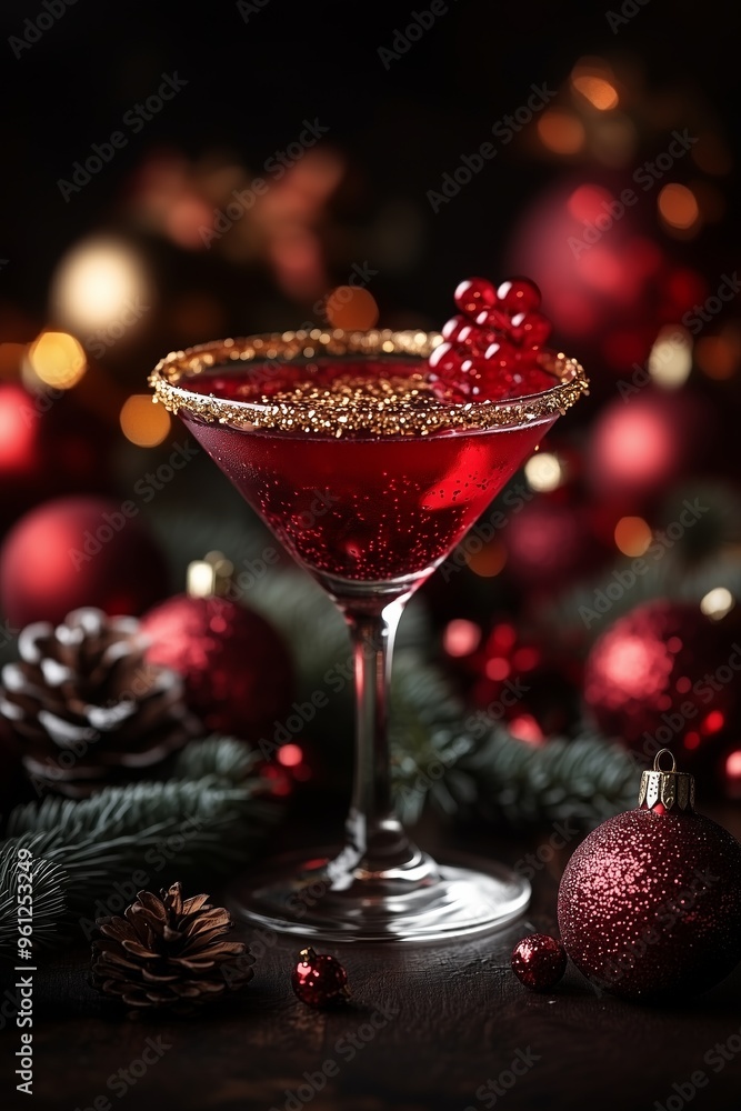 Christmas-themed cocktail with golden glitter lining the rim, traditional Christmas decorations and baubles create a cozy, celebratory atmosphere Christmas-themed cocktail with golden glitter lining the rim, traditional Christmas decorations and baubles create a cozy, celebratory atmosphere