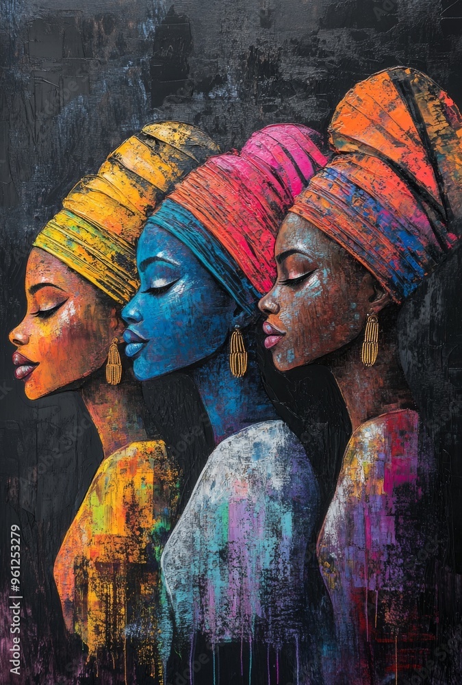 Fototapeta premium Abstract painting of two African women with colorful headwraps and jewelry