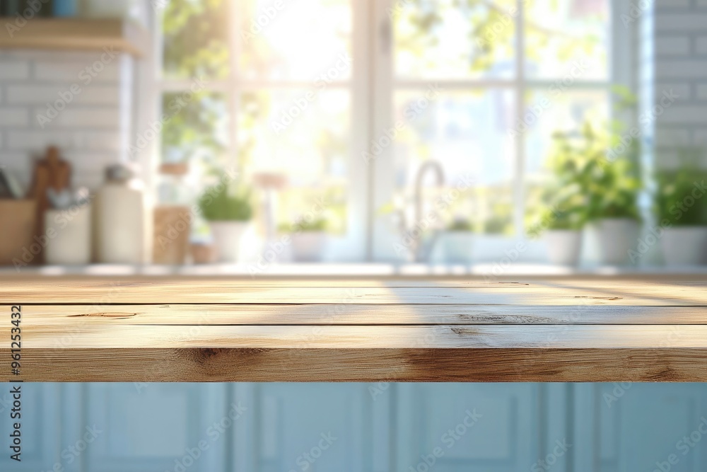 Wooden table top with copy space on blurred kitchen room interior and summer window background , ai Wooden table top with copy space on blurred kitchen room interior and summer window background , ai