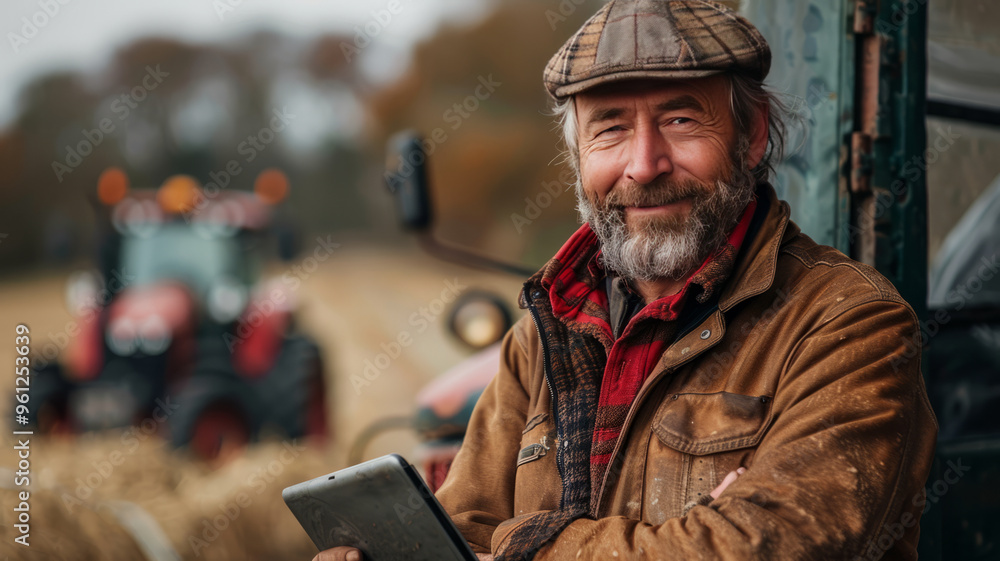Happy mature farmer working tablets in front of tractors on site, Happy mature farmer working tablets in front of tractors on site,