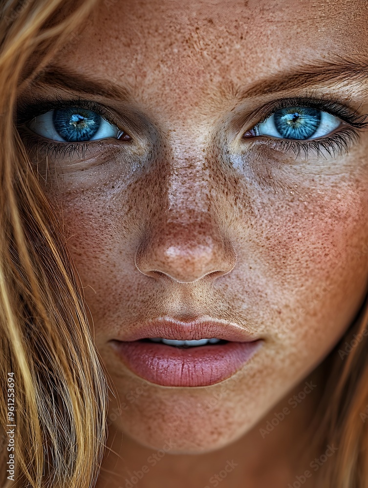 Close Up of Woman s Face with Blue Eyes and Freckles Close Up of Woman s Face with Blue Eyes and Freckles